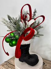 Load image into Gallery viewer, Festive Santa Boot Christmas Centerpiece | 25&quot; x 16&quot; Holiday Arrangement with Artificial Pine &amp; Green Ornament Cluster