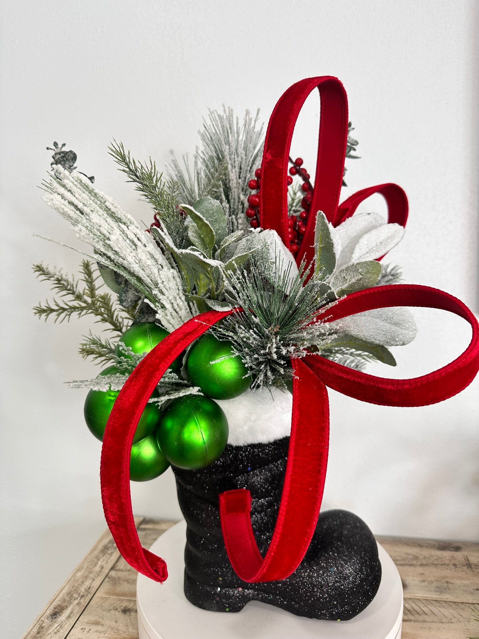 Festive Santa Boot Christmas Centerpiece | 25" x 16" Holiday Arrangement with Artificial Pine & Green Ornament Cluster TCT Crafts