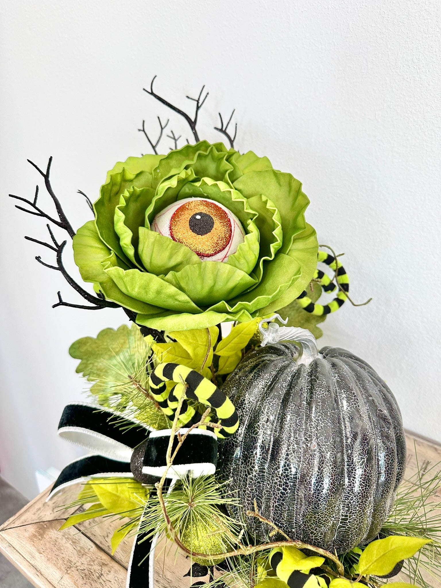 Fun and Whimsical Halloween Arrangement | 19"x17" | Unique Decor with Eyeball Flower, Glitter Pumpkin, and Ribbon by TCT Crafts TCT Crafts