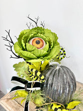 Load image into Gallery viewer, Fun and Whimsical Halloween Arrangement | 19&quot;x17&quot; | Unique Decor with Eyeball Flower, Glitter Pumpkin, and Ribbon by TCT Crafts