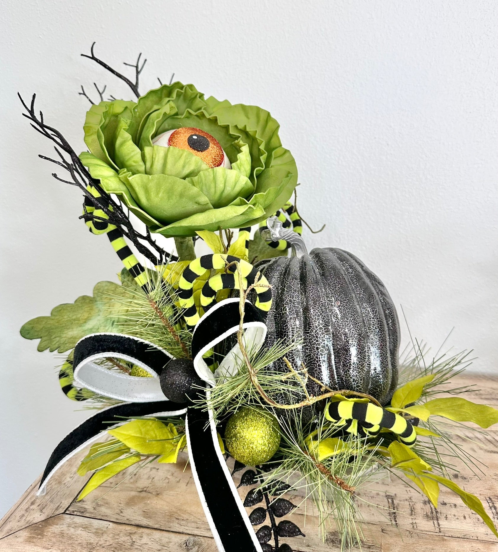 Fun and Whimsical Halloween Arrangement | 19"x17" | Unique Decor with Eyeball Flower, Glitter Pumpkin, and Ribbon by TCT Crafts TCT Crafts