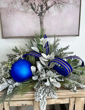 Load image into Gallery viewer, Elegant Blue &amp; White Christmas Centerpiece | Holiday Arrangement with Snowy Lamb’s Ear, Matte Blue Ornaments, and Designer Velvet Ribbon