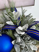 Load image into Gallery viewer, Elegant Blue &amp; White Christmas Centerpiece | Holiday Arrangement with Snowy Lamb’s Ear, Matte Blue Ornaments, and Designer Velvet Ribbon