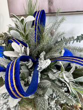 Load image into Gallery viewer, Elegant Blue &amp; White Christmas Centerpiece | Holiday Arrangement with Snowy Lamb’s Ear, Matte Blue Ornaments, and Designer Velvet Ribbon