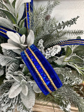 Load image into Gallery viewer, Elegant Blue &amp; White Christmas Centerpiece | Holiday Arrangement with Snowy Lamb’s Ear, Matte Blue Ornaments, and Designer Velvet Ribbon