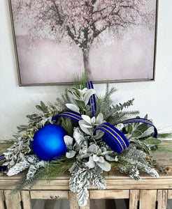 Elegant Blue & White Christmas Centerpiece | Holiday Arrangement with Snowy Lamb’s Ear, Matte Blue Ornaments, and Designer Velvet Ribbon