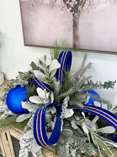 Load image into Gallery viewer, Elegant Blue &amp; White Christmas Centerpiece | Holiday Arrangement with Snowy Lamb’s Ear, Matte Blue Ornaments, and Designer Velvet Ribbon