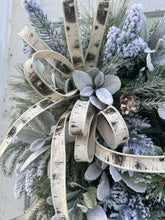 Load image into Gallery viewer, Winter Pine Grapevine Wreath | 29&quot;x26&quot; | Snowy Holiday Wreath with Frosted Pine, Lamb’s Ear, and Birch Ribbon