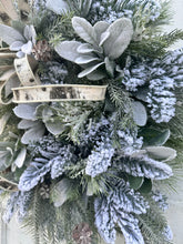 Load image into Gallery viewer, Winter Pine Grapevine Wreath | 29&quot;x26&quot; | Snowy Holiday Wreath with Frosted Pine, Lamb’s Ear, and Birch Ribbon