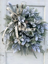 Load image into Gallery viewer, Winter Pine Grapevine Wreath | 29&quot;x26&quot; | Snowy Holiday Wreath with Frosted Pine, Lamb’s Ear, and Birch Ribbon