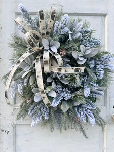 Winter Pine Grapevine Wreath | 29"x26" | Snowy Holiday Wreath with Frosted Pine, Lamb’s Ear, and Birch Ribbon