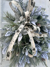 Load image into Gallery viewer, Winter Pine Grapevine Wreath | 29&quot;x26&quot; | Snowy Holiday Wreath with Frosted Pine, Lamb’s Ear, and Birch Ribbon