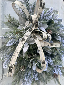 Winter Pine Grapevine Wreath | 29"x26" | Snowy Holiday Wreath with Frosted Pine, Lamb’s Ear, and Birch Ribbon