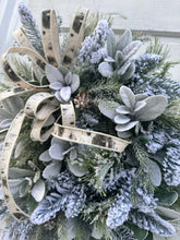 Load image into Gallery viewer, Winter Pine Grapevine Wreath | 29&quot;x26&quot; | Snowy Holiday Wreath with Frosted Pine, Lamb’s Ear, and Birch Ribbon