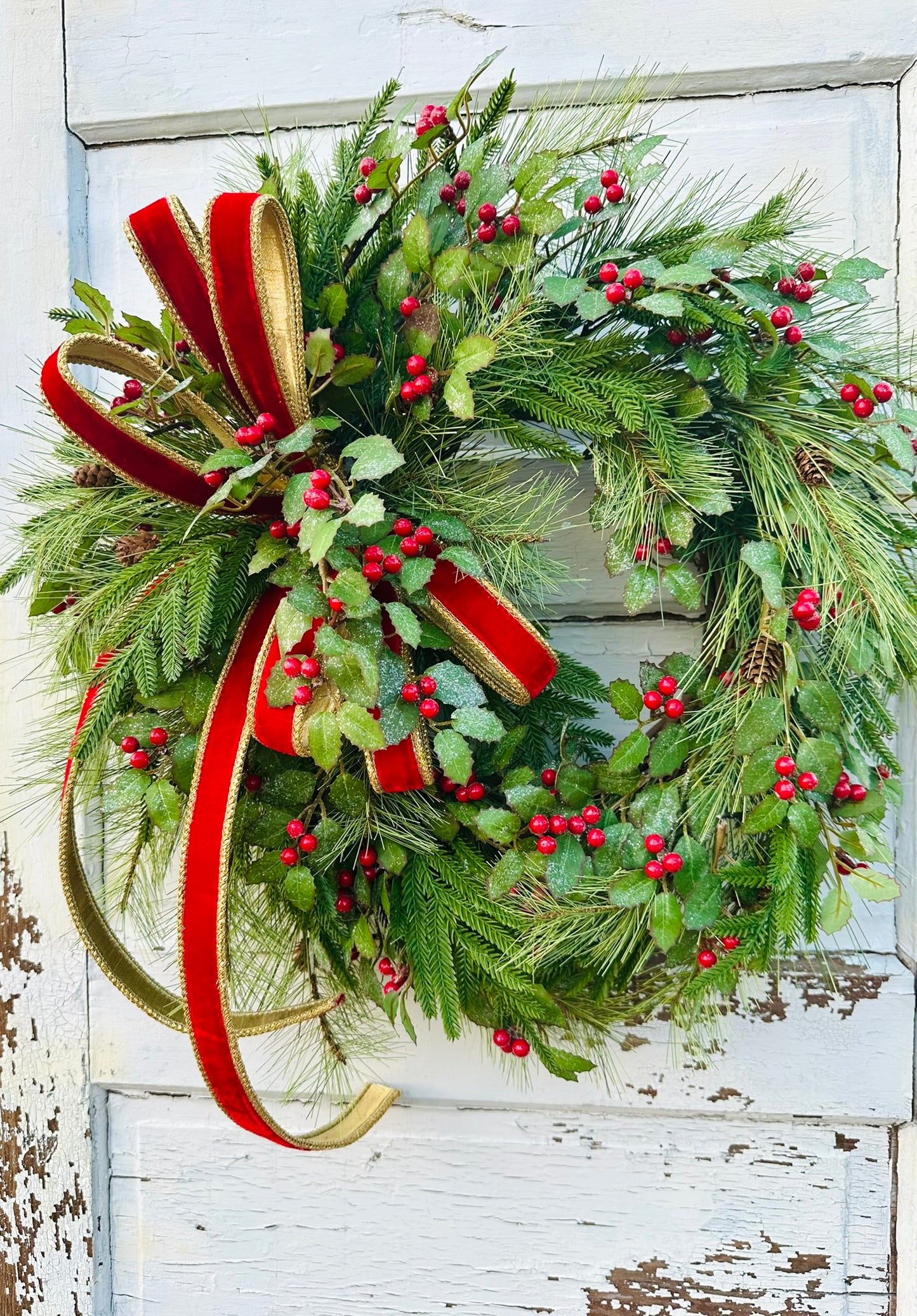 Christmas Pine Wreath with Red Velvet Bow