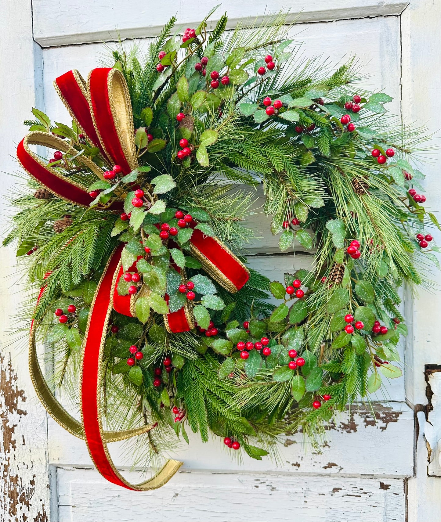 Christmas Pine Wreath with Red Velvet Bow