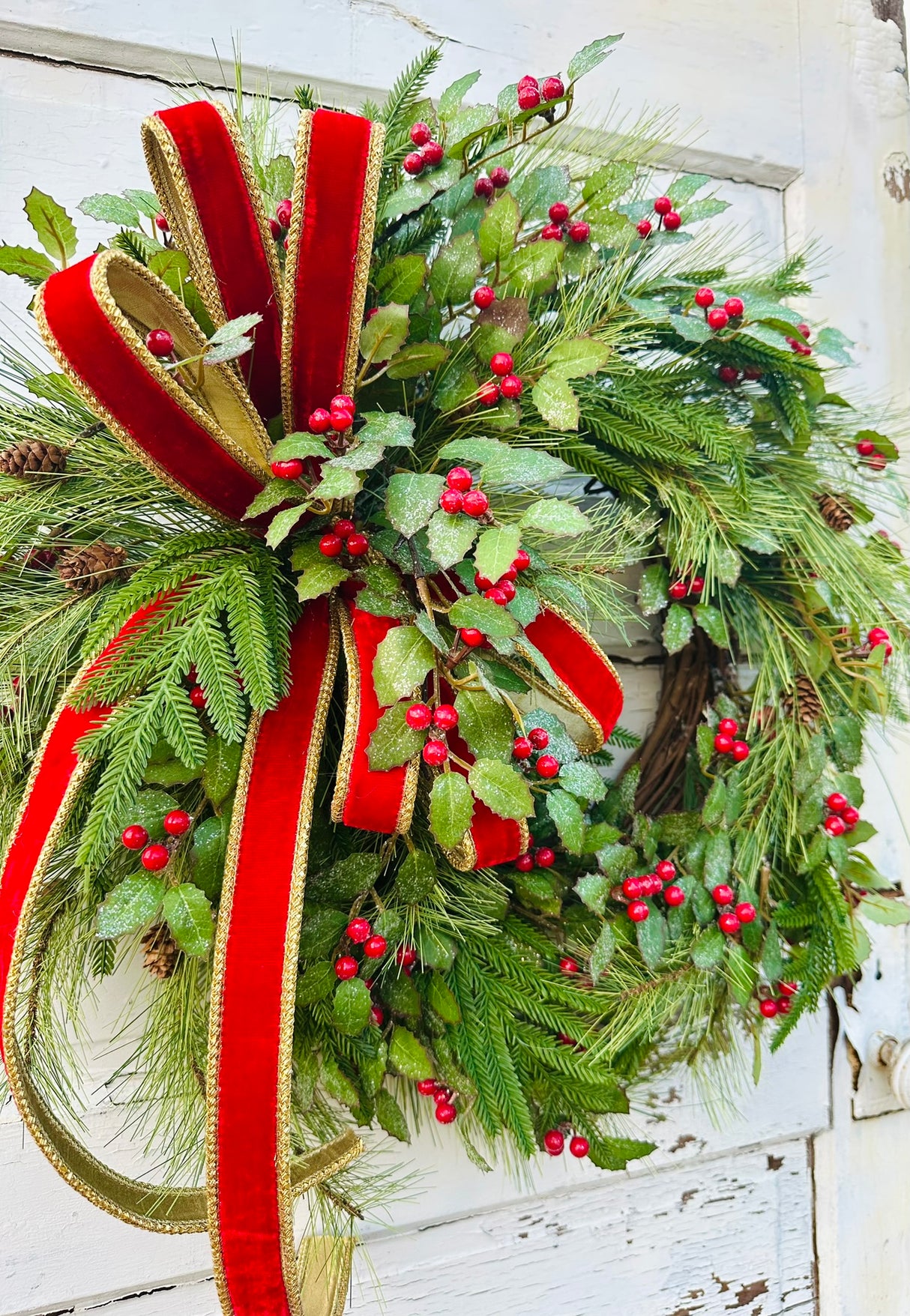 Christmas Pine Wreath with Red Velvet Bow