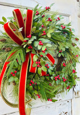 Christmas Pine Wreath with Red Velvet Bow