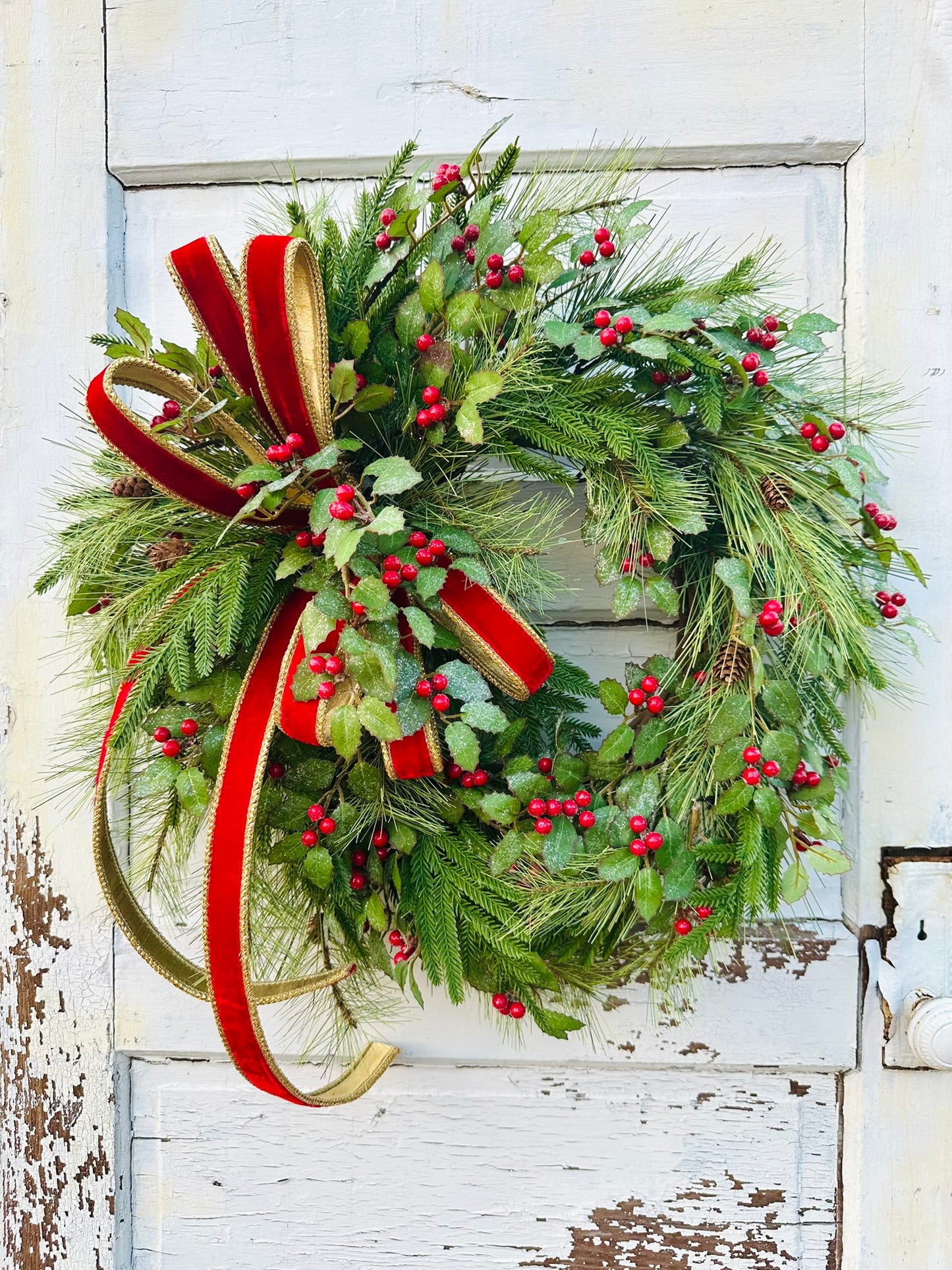 Christmas Pine Wreath with Red Velvet Bow