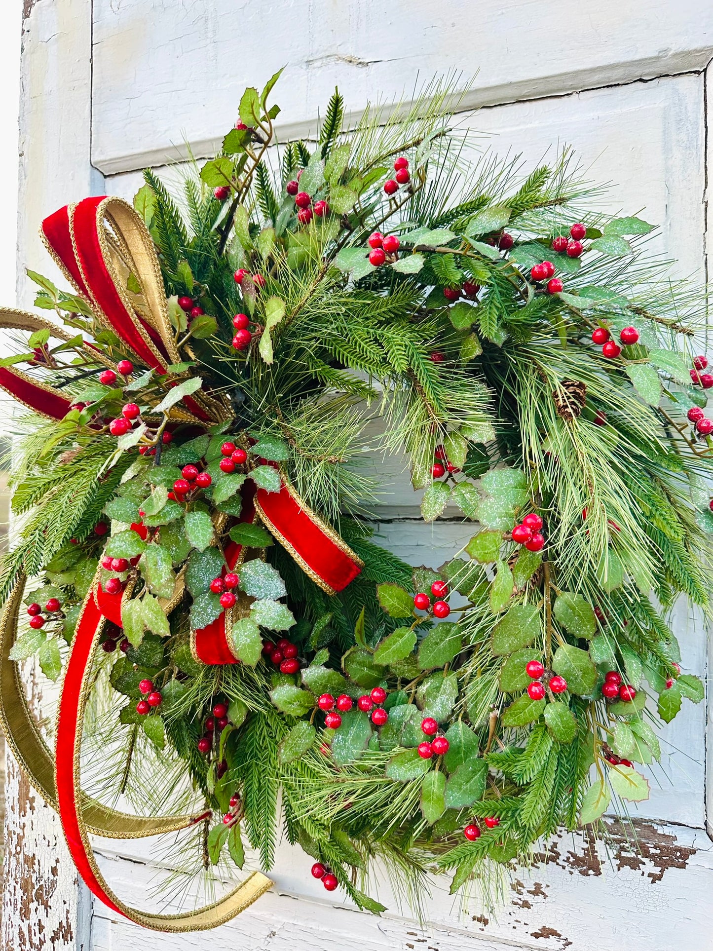 Christmas Pine Wreath with Red Velvet Bow