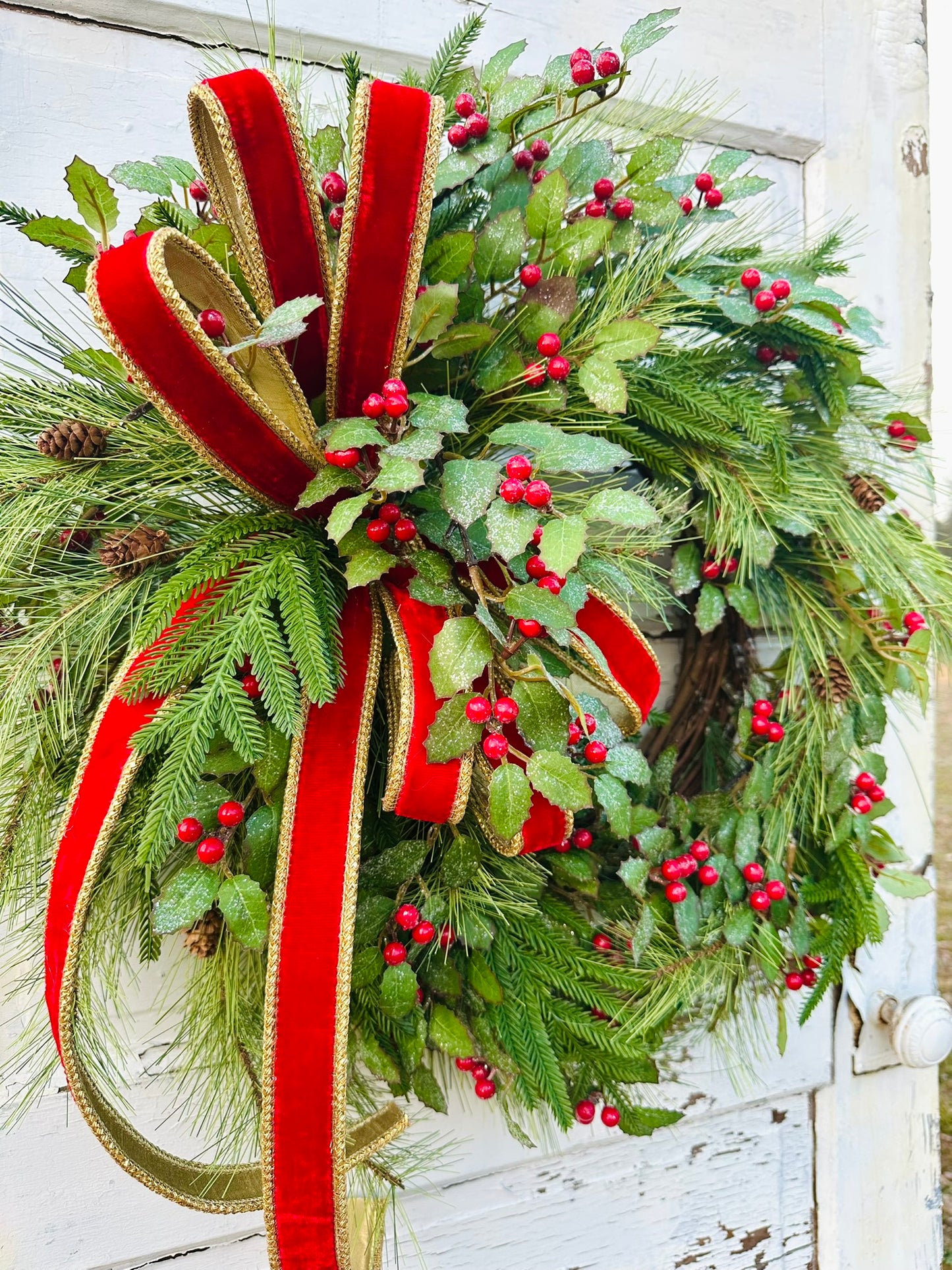 Christmas Pine Wreath with Red Velvet Bow