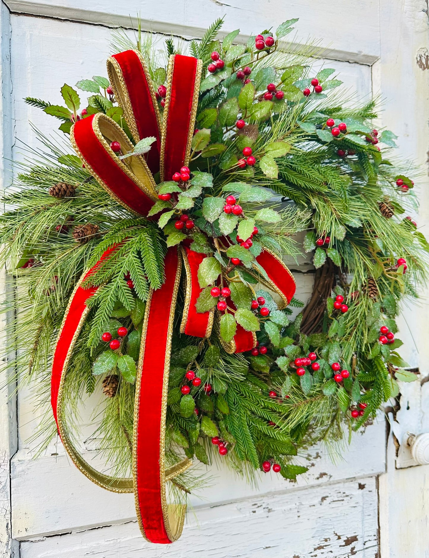 Christmas Pine Wreath with Red Velvet Bow