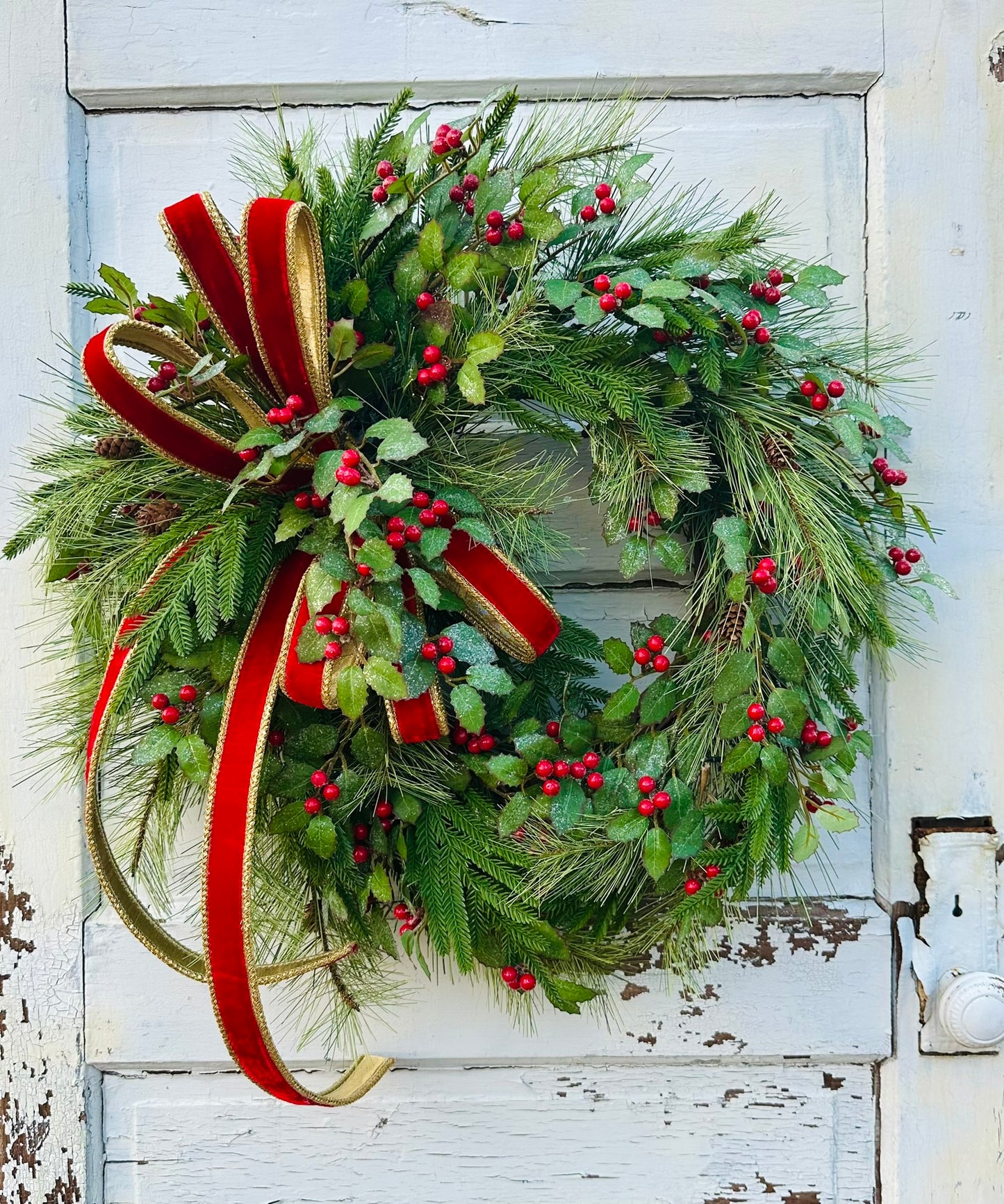 Christmas Pine Wreath with Red Velvet Bow