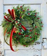 Christmas Pine Wreath with Red Velvet Bow