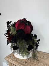 Load image into Gallery viewer, Glamorous Burgundy &amp; Black Halloween Candlestick Arrangement - 18x14 Gothic Floral Centerpiece - Halloween Table Arrangement by TCT Crafts