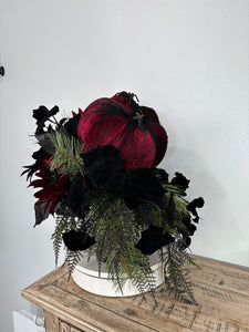 Glamorous Burgundy & Black Halloween Candlestick Arrangement - 18x14 Gothic Floral Centerpiece - Halloween Table Arrangement by TCT Crafts