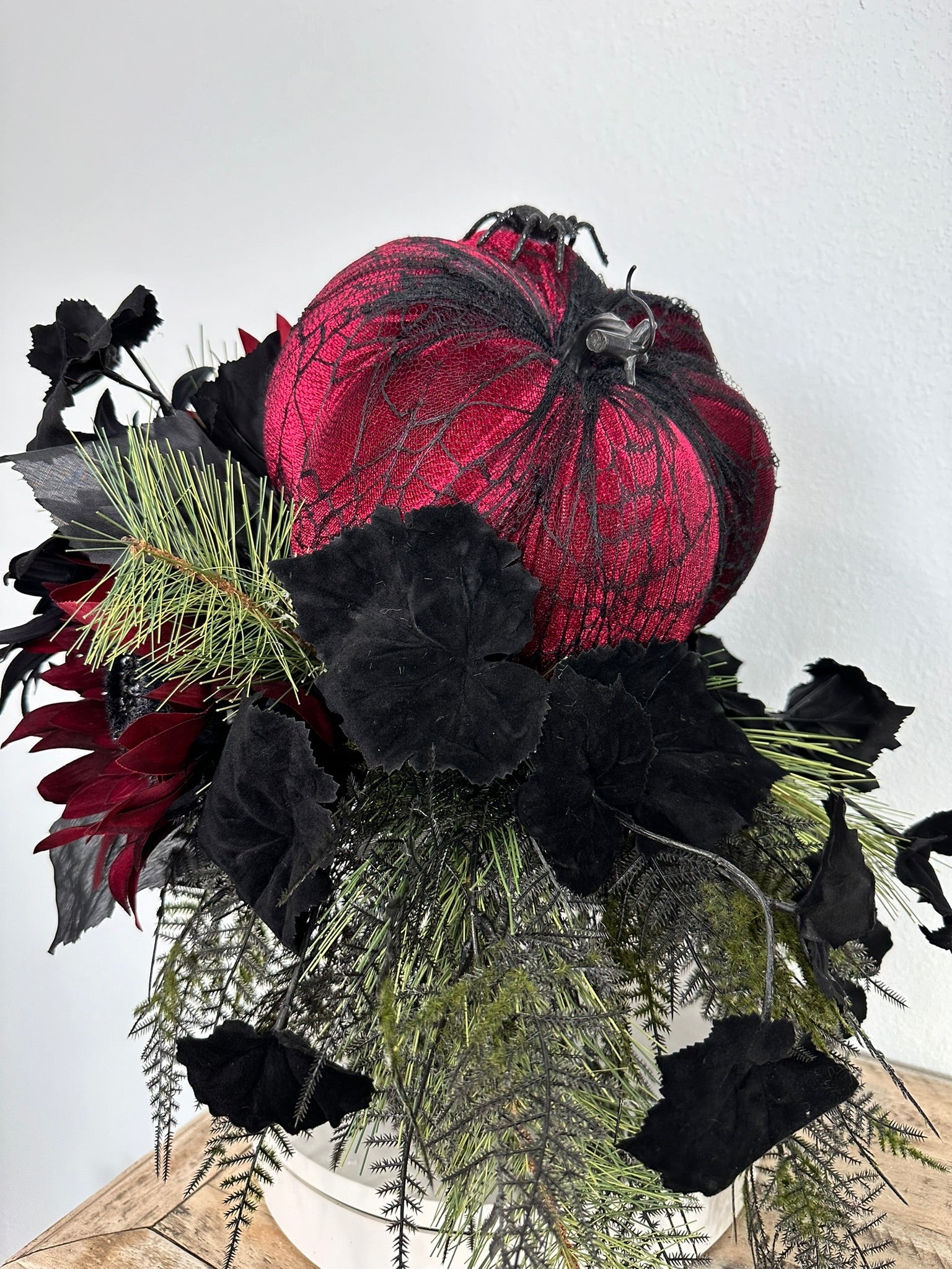 Glamorous Burgundy & Black Halloween Candlestick Arrangement - 18x14 Gothic Floral Centerpiece - Halloween Table Arrangement by TCT Crafts TCT Crafts