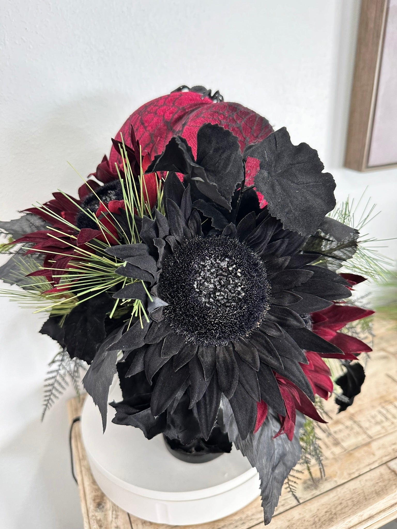 Glamorous Burgundy & Black Halloween Candlestick Arrangement - 18x14 Gothic Floral Centerpiece - Halloween Table Arrangement by TCT Crafts TCT Crafts