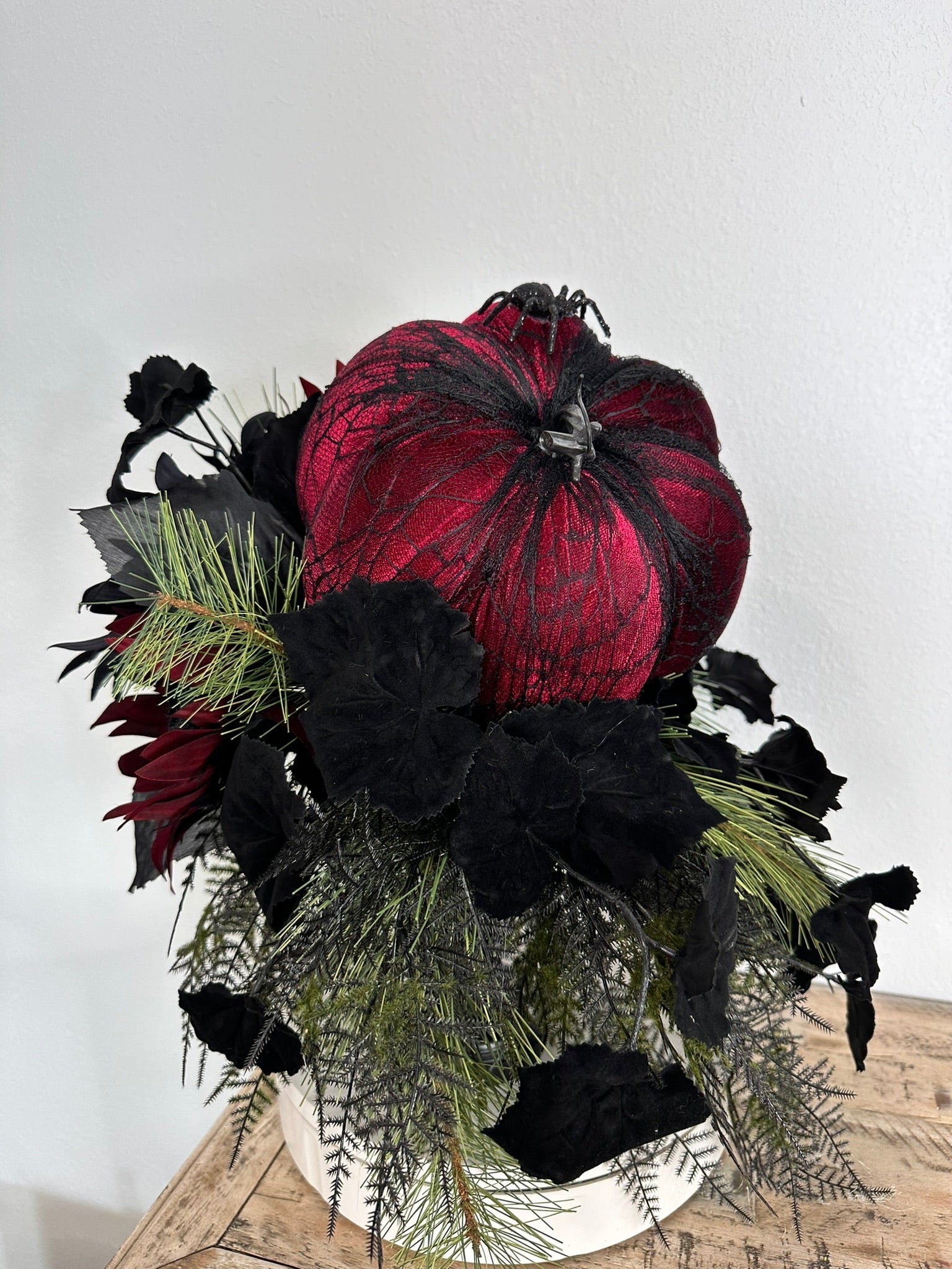 Glamorous Burgundy & Black Halloween Candlestick Arrangement - 18x14 Gothic Floral Centerpiece - Halloween Table Arrangement by TCT Crafts TCT Crafts
