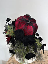 Load image into Gallery viewer, Glamorous Burgundy &amp; Black Halloween Candlestick Arrangement - 18x14 Gothic Floral Centerpiece - Halloween Table Arrangement by TCT Crafts