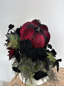 Glamorous Burgundy & Black Halloween Candlestick Arrangement - 18x14 Gothic Floral Centerpiece - Halloween Table Arrangement by TCT Crafts