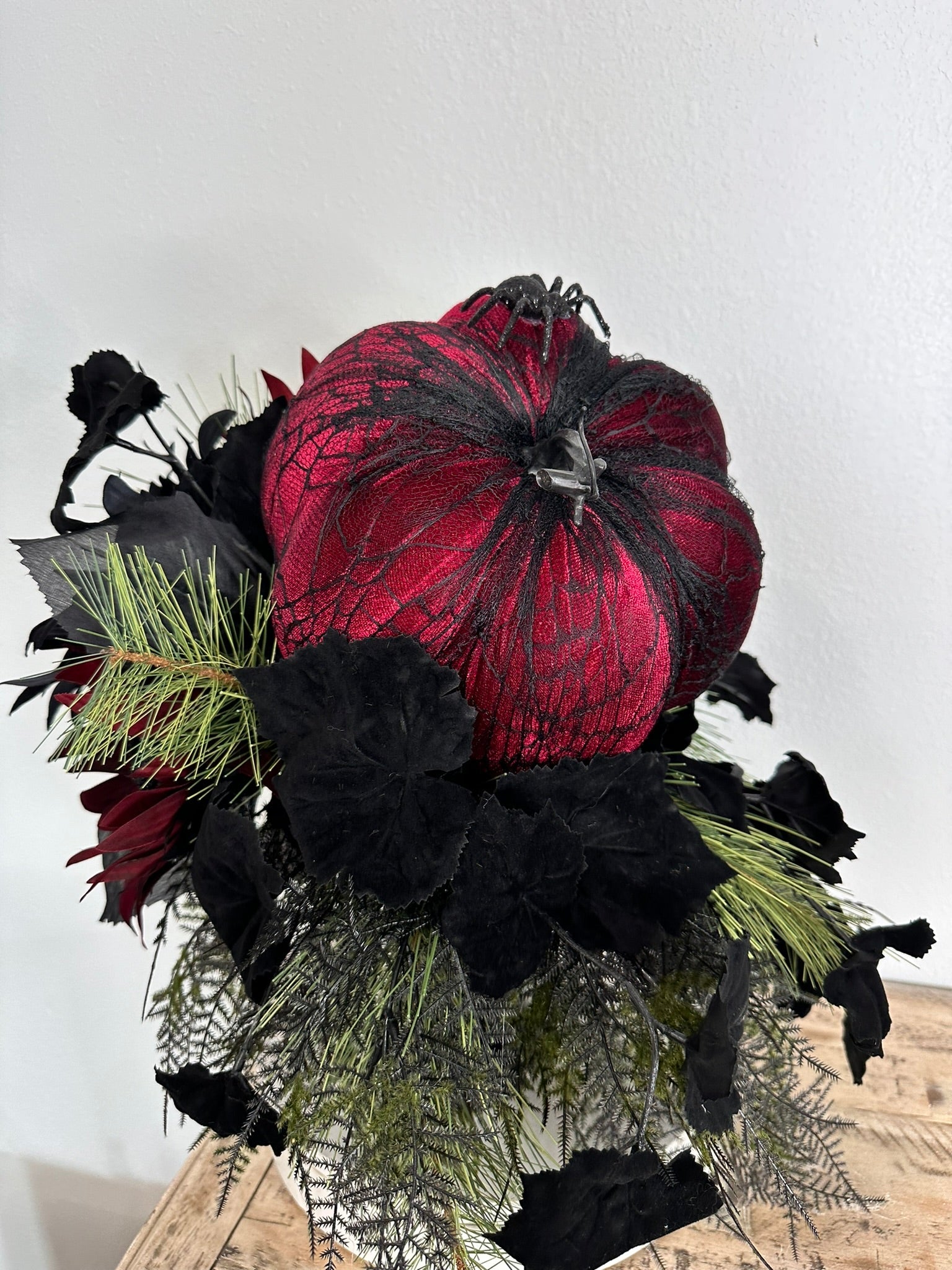 Glamorous Burgundy & Black Halloween Candlestick Arrangement - 18x14 Gothic Floral Centerpiece - Halloween Table Arrangement by TCT Crafts TCT Crafts