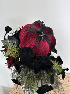 Glamorous Burgundy & Black Halloween Candlestick Arrangement - 18x14 Gothic Floral Centerpiece - Halloween Table Arrangement by TCT Crafts