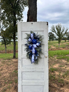 Elegant Blue & White Winter Wonderland Swag with Sequin Ornaments, 36x25 Holiday Door Decor by TCT Crafts