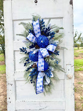 Load image into Gallery viewer, Elegant Blue &amp; White Winter Wonderland Swag with Sequin Ornaments, 36x25 Holiday Door Decor by TCT Crafts