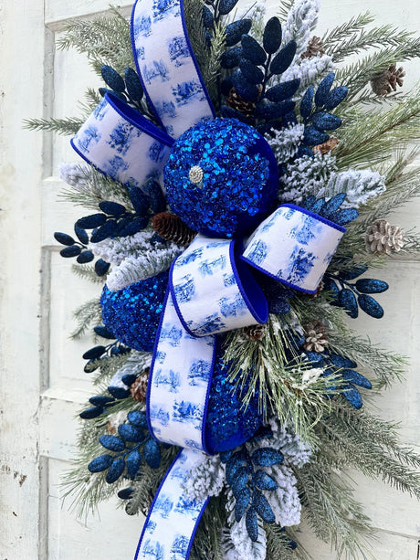 Elegant Blue & White Winter Wonderland Swag with Sequin Ornaments, 36x25 Holiday Door Decor by TCT Crafts TCT Crafts