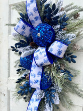 Load image into Gallery viewer, Elegant Blue &amp; White Winter Wonderland Swag with Sequin Ornaments, 36x25 Holiday Door Decor by TCT Crafts