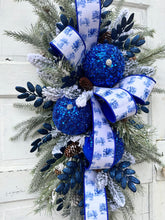 Load image into Gallery viewer, Elegant Blue &amp; White Winter Wonderland Swag with Sequin Ornaments, 36x25 Holiday Door Decor by TCT Crafts