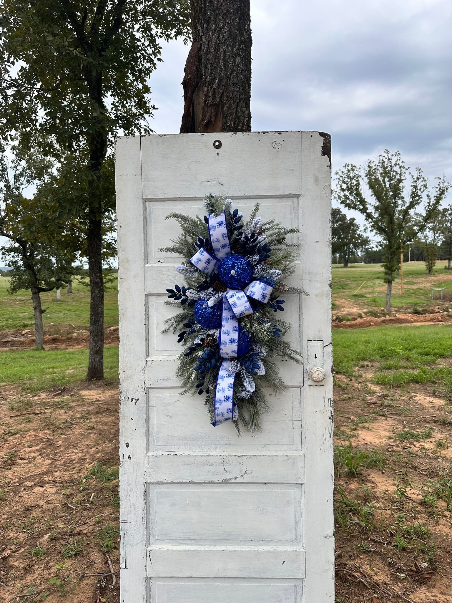Elegant Blue & White Winter Wonderland Swag with Sequin Ornaments, 36x25 Holiday Door Decor by TCT Crafts TCT Crafts