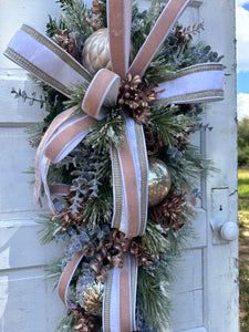 Elegant Pink/Rose Gold Winter Swag | 36"x16" Luxurious Holiday Door Decor | Frosted Christmas Swag