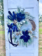 Load image into Gallery viewer, Elegant Midnight Blue &amp; Champagne Gold Christmas Grapevine Wreath | 27&quot;x27&quot; Holiday Door Decor