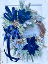 Load image into Gallery viewer, Elegant Midnight Blue &amp; Champagne Gold Christmas Grapevine Wreath | 27&quot;x27&quot; Holiday Door Decor