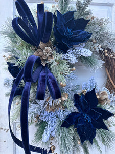 Elegant Midnight Blue & Champagne Gold Christmas Grapevine Wreath | 27"x27" Holiday Door Decor