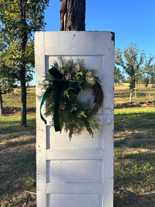 Elegant Green & Gold Grapevine Pine Christmas Wreath | Velvet Ribbon Winter Holiday Wreath | 33"x24" Classic Front Door Decor