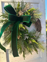 Load image into Gallery viewer, Elegant Green &amp; Gold Grapevine Pine Christmas Wreath | Velvet Ribbon Winter Holiday Wreath | 33&quot;x24&quot; Classic Front Door Decor