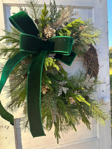 Elegant Green & Gold Grapevine Pine Christmas Wreath | Velvet Ribbon Winter Holiday Wreath | 33"x24" Classic Front Door Decor